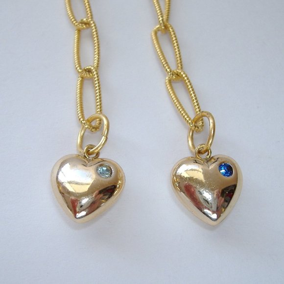 Heart Rhinestone Long Handmade Earrings Gold Metal Chain Aqua Blue Pierced Hook - Picture 5 of 6